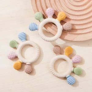 Silicone teething ring to soothe sensitive gums of infants